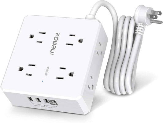 Surge Protector Power Strip - 6 Ft Flat Plug Extension Cord with 8 Widely Outlets and 4 USB Ports(1 USB C), 3 Side Outlet Extender for Home Office, White, ETL Listed