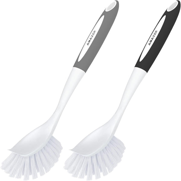 Dish Brush with Handle, 2 Pack Kitchen Scrub Brushes for Cleaning, Dish Scrubber with Stiff Bristles for Sink, Pots, Pans