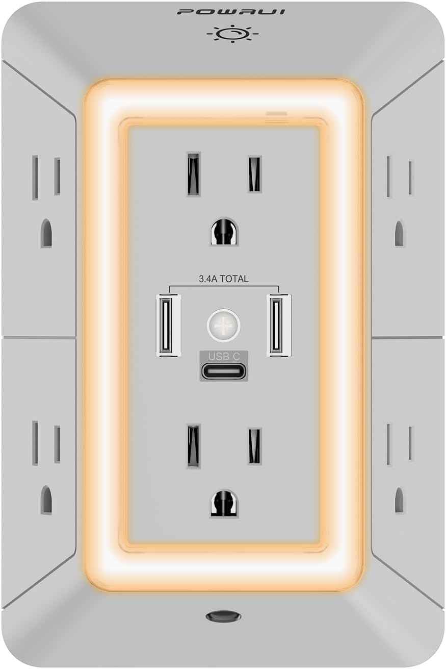 POWRUI Multi Plug 6 Outlet Surge Protector Extender with 3 USB Ports (1 USB C) and Night Light, 3-Sided Power Strip with Adapter Spaced Outlets, ETL Listed, White