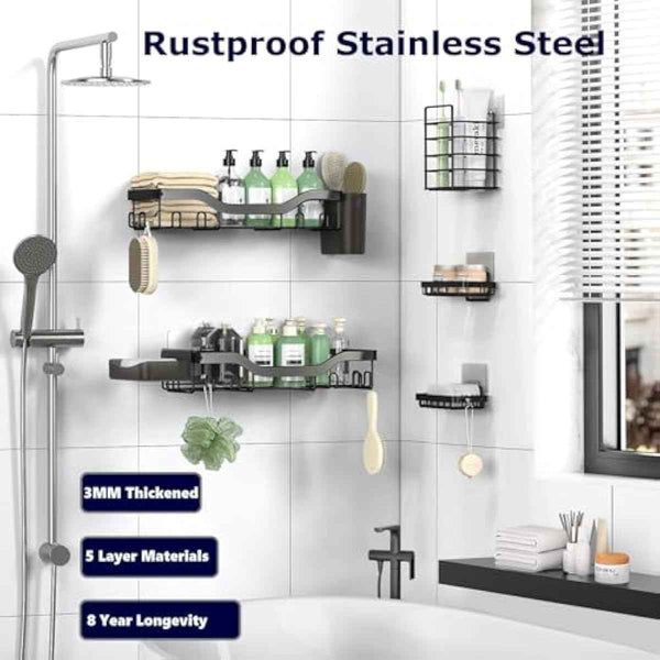 Shower Caddy Adhesive Shower Organizer 7-Pack, Rustproof Stainless Steel Bathroom Shelves, Large Capacity No-Drill Rack Storage Accessories with Soap Dish Toothbrush Holder &24 Hooks Home Decor