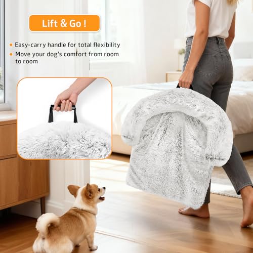 Calming Light Grey Large Dog Bed with Fluffy Plush Cover and Non-Slip Base for Large Medium Small Dogs and Cats