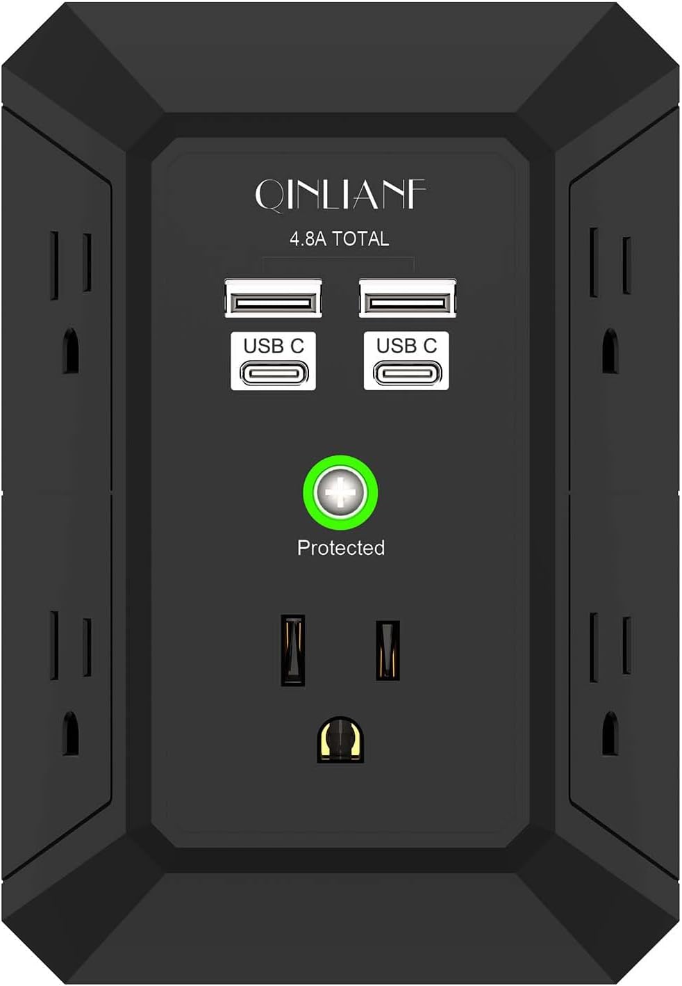 Wall Charger, Surge Protector, QINLIANF 5 Outlet Extender with 4 USB Charging Ports (4.8A Total) 3-Sided 1680J Power Strip Multi Plug Adapter Spaced for Home Travel Office (3U1C)