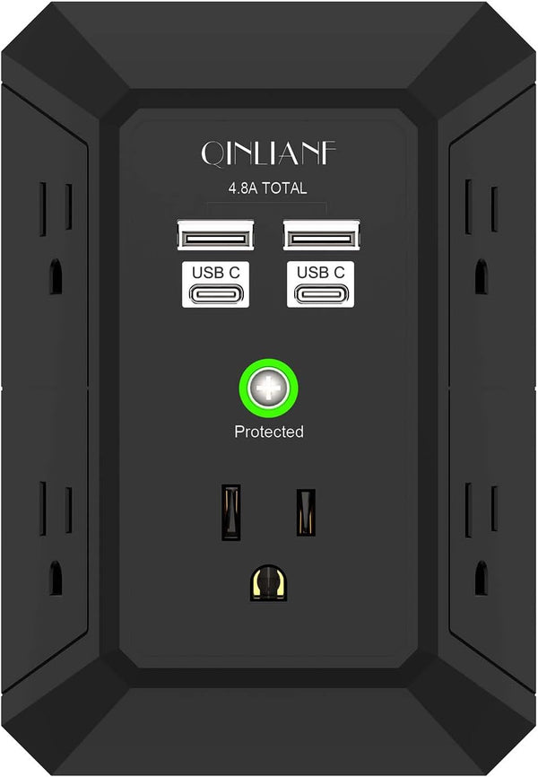 Qinlianf Wall Charger 5 Outlet Extender with 4 USB Charging Ports 3-Sided Power Strip Multi Plug Adapter 3U1C