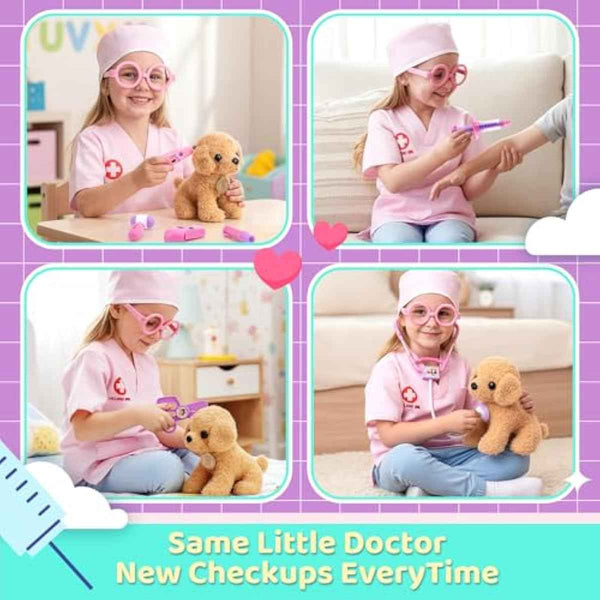 Meland Toy Doctor Kit for Girls, Pretend Play Toy Doctor Set with Dog , Carrying Bag, Stethoscope & Dress Up Costume Gift for Kids Toddlers Ages 3 4 5 6 Year Old for Role Play