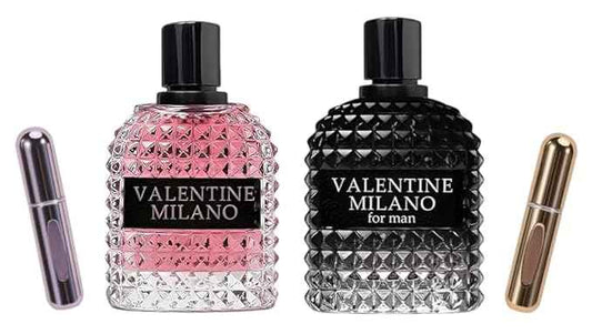 Valentine Milano Couple Set Perfume Gift Set for Women/Men EDP – (100ml x2) Amber Floral & Oriental Scents, Cologne with a Modern Twist Elegant, Plus 2 Refillable 5ml Travel Spray Bottles.