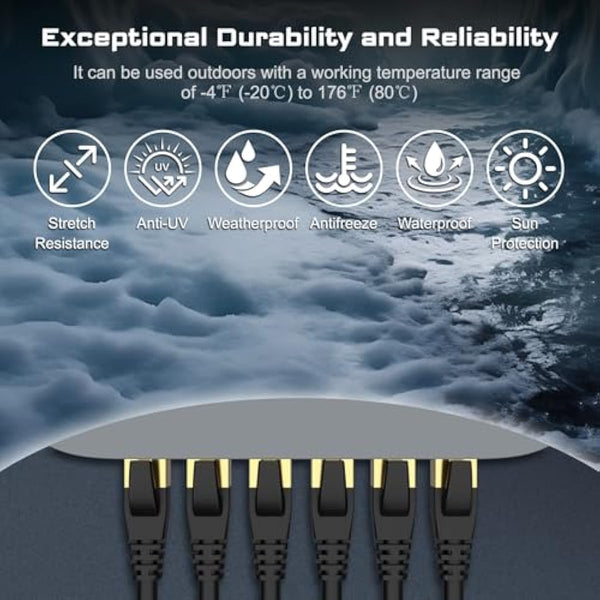 DbillionDa 40Gbps Cat 8 Ethernet Cable, 6FT Heavy-Duty for Indoor/Outdoor Use, Gold-Plated RJ45, Weatherproof & UV Resistant