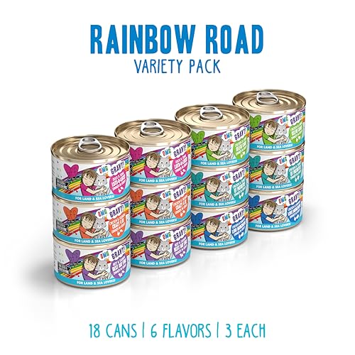 Weruva B.F.F. OMG - Best Feline Friend Oh My Gravy!, Variety Pack, Rainbow Road, Wet Cat Food by, 2.8oz Can (Pack of 12)