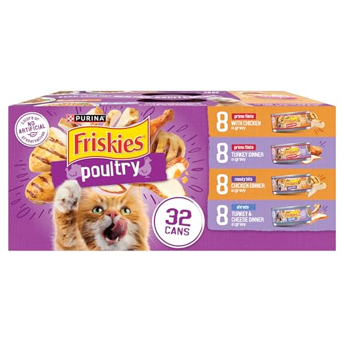 purina friskies gravy wet cat food variety pack, poultry shreds, meaty bits and filets for adult cats, 5.5 oz cans, pack of 32