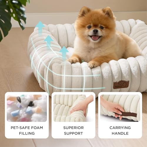 bedsure comfyfleece cute dog bed, small medium dogs, washable furry puppy bed with removable zipper cover, 25x21x7inches, cream