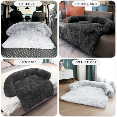 Calming Light Grey Large Dog Bed with Fluffy Plush Cover and Non-Slip Base for Large Medium Small Dogs and Cats