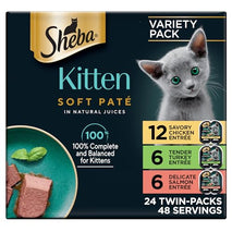 Sheba Perfect Portions kitten wet cat food pate chicken, salmon, and turkey entrees, 2.6 oz twin-pack trays, 24 count, 48 servings