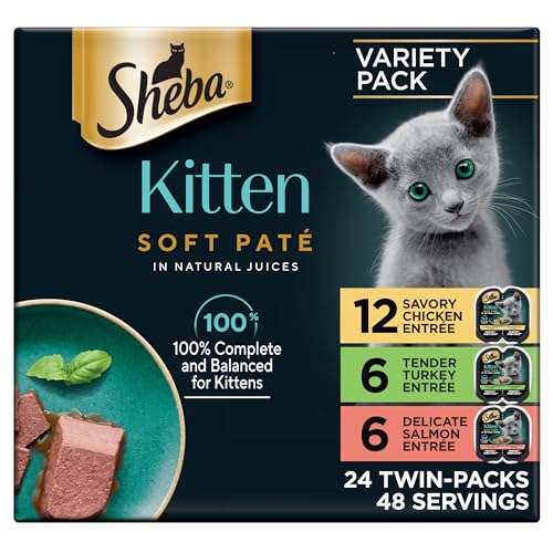 Sheba Perfect Portions kitten wet cat food pate chicken, salmon, and turkey entrees, 2.6 oz twin-pack trays, 24 count, 48 servings
