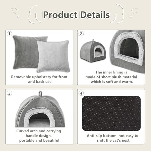 grey cat bed cave for indoor cats kittens and small pets foldable washable 15 inches