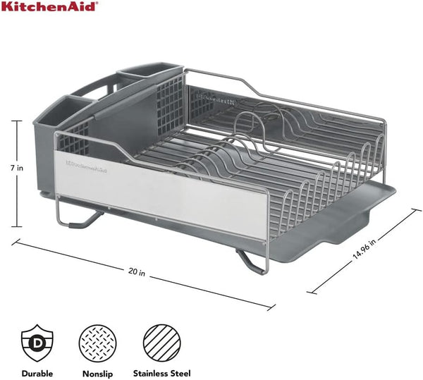 KitchenAid Large Capacity Full Size Dish Rack with Angled Drain Board and Removable Flatware Caddy
