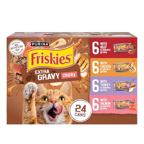 purina friskies 24ct variety pack canned cat food extra gravy with chicken turkey salmon beef 5.5 oz cans