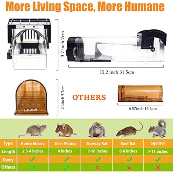 Humane Mouse Traps, 12 inches Enlarged No Kill Rat Live Traps for Chipmunks, Reusable Catch and Release Mice, Pet and Children Friendly Mouse Trap That Work