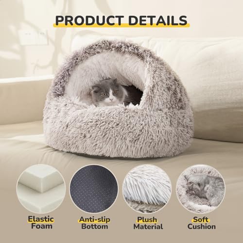 CATISM plush hooded cat bed, calming nest, self-warming cave for indoor cats or small dogs, removable washable cover with non-slip bottom