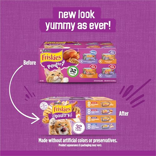 purina friskies gravy wet cat food variety pack, poultry shreds, meaty bits and filets for adult cats, 5.5 oz cans, pack of 32