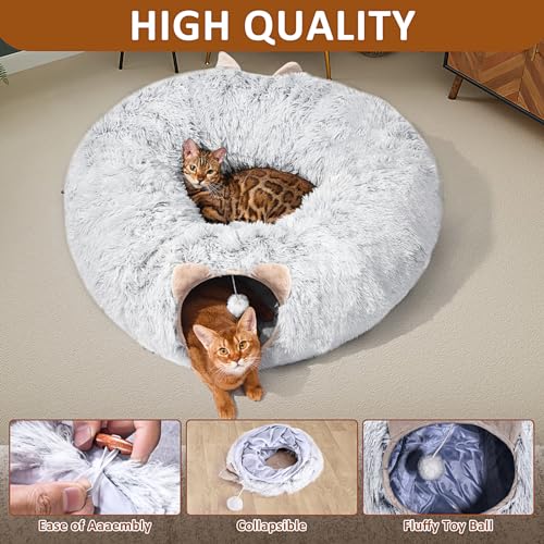 Grey cat tunnel with cat bed for indoor cats, multifunctional playground with hideplace for kittens, rabbits, ferrets
