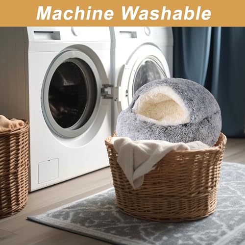 Grey, 20-inch Hooded Dog Bed for Small Dogs up to 22 lbs, Washable Pet Cave Bed with Anti-Slip Bottom