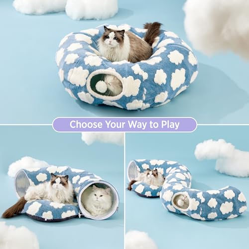 lesure standard cozy clouds blue cat tunnel bed for indoor cats and small pets with washable cushion