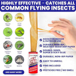 Fly Strips Indoor Sticky Hanging 24pk with Pins. Non Toxic Outdoor Fly Trap Indoor for Home. Flies Tape Paper Trap Ribbon Roll for House Gnat Fruit and Housefly. Bug Catchers for Inside Home Flypaper