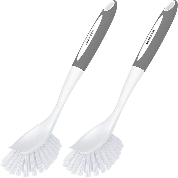 Dish Brush with Handle, 2 Pack Kitchen Scrub Brushes for Cleaning, Dish Scrubber with Stiff Bristles for Sink, Pots, Pans