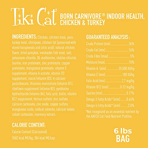 tiki cat born carnivore indoor health dry cat food chicken turkey meal 6 lbs bag