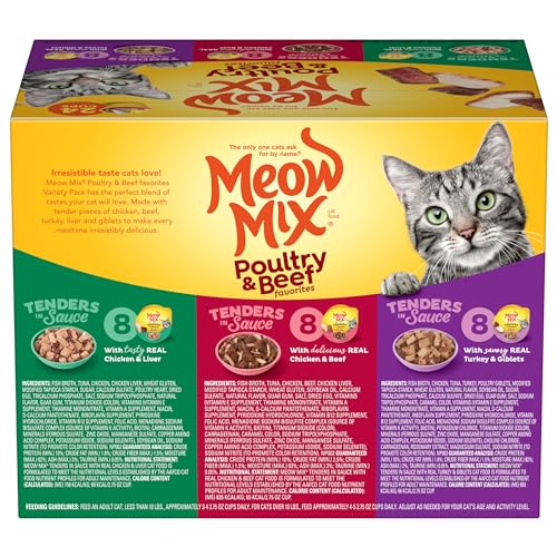 meow mix tenders in sauce wet cat food variety pack poultry beef 2.75 ounce cups 24 count