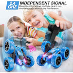 blue remote control car, 4wd stunt car with led lights & 360° flips, 2.4ghz, upgraded usb-c modular batteries for kids ages 6-12