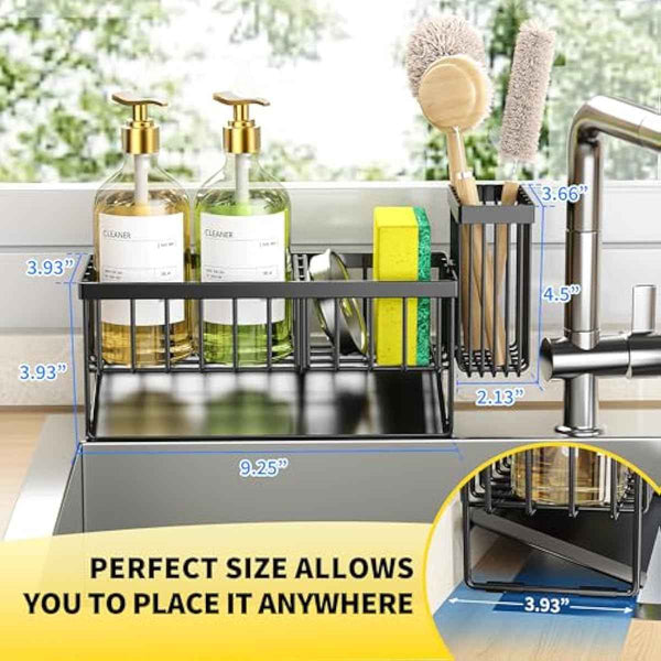 Cisily sink caddy sponge holder with stainless steel self-drain tray and brush holder for kitchen sink organization