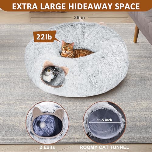 Grey cat tunnel with cat bed for indoor cats, multifunctional playground with hideplace for kittens, rabbits, ferrets
