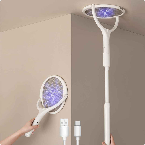 GeckoMan Rotating Head Electric Fly Swatter Racket Rechargeable Bug Zapper Racket Bug Zapper Indoor Fly Zapper Mosquito Zapper Flies Killer for Indoors, with a Telescopic Extension