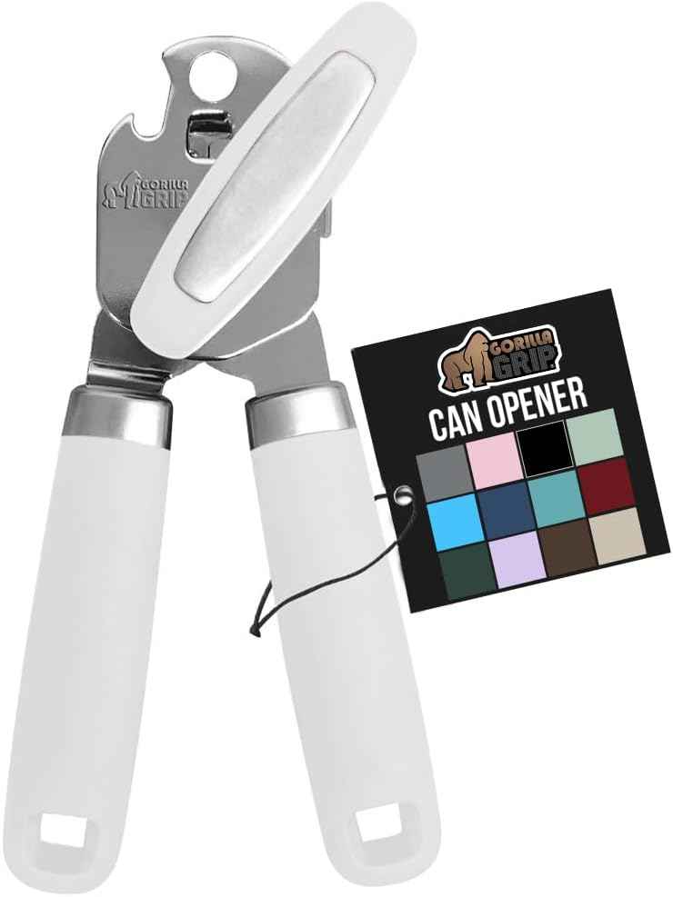 GORILLA GRIP Heavy Duty Stainless Steel Smooth Edge Manual Can Opener and Bottle Openers, Soft Comfortable Handle, Oversized Handheld Turn Knob, US Designed Multifunctional Kitchen Tool, Black