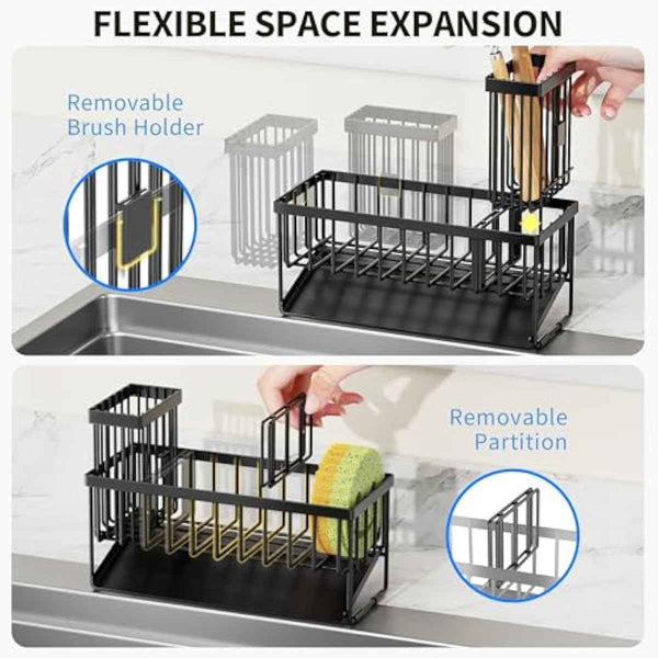 Cisily sink caddy sponge holder with stainless steel self-drain tray and brush holder for kitchen sink organization