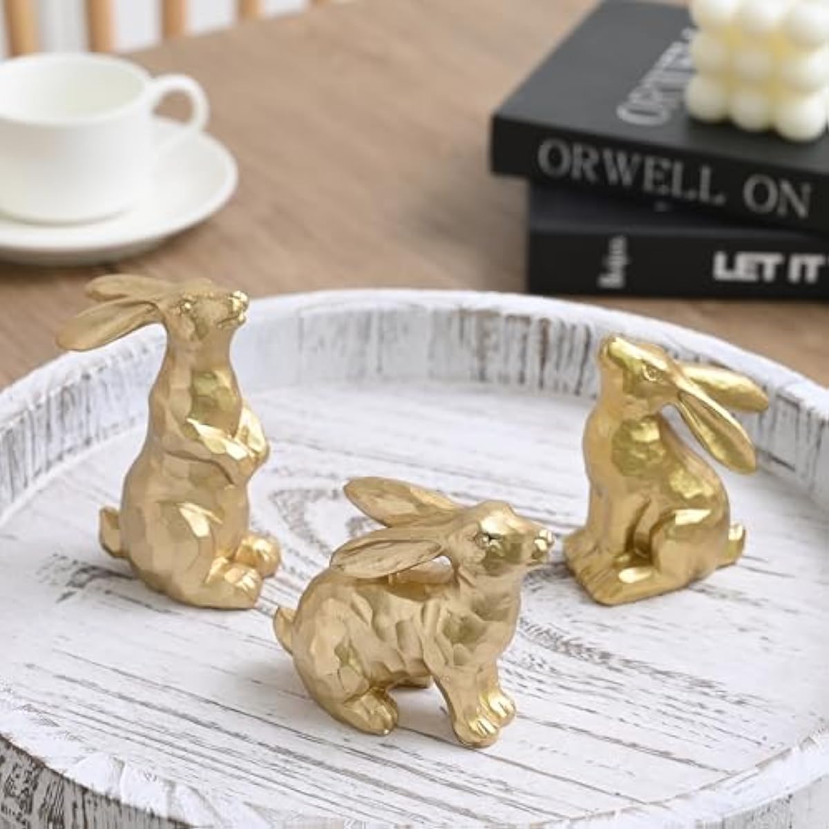 Resin Gold Bunny Decor Rabbit Figurines, Small Easter Bunny Figurine Set of 3, Easter Rabbit Statues for Spring Tabletop Decor