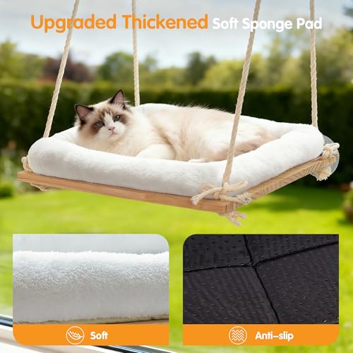 Rustic cat hammock bed with solid wood seat and heavy duty suction cups for large cats