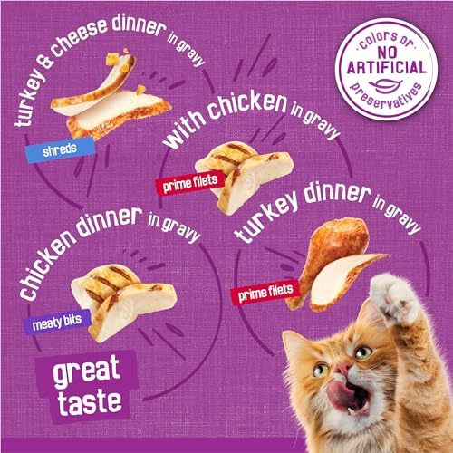 purina friskies gravy wet cat food variety pack, poultry shreds, meaty bits and filets for adult cats, 5.5 oz cans, pack of 32