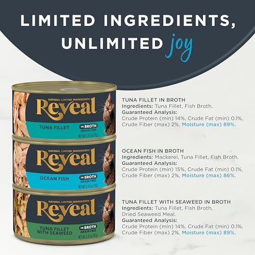 Reveal Natural Wet Canned Cat Food, 3-Flavor Variety Pack, Grain-Free, High Protein, No Artificial Additives, 12 x 2.47 oz Cans
