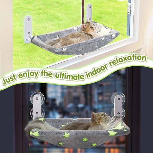 Cat Window Perch with sturdy metal frame, glowing stars pattern, and foldable design for indoor cats (Stars - M)
