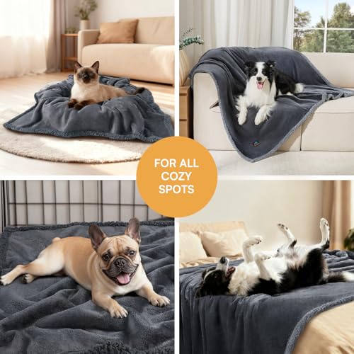Waterproof sherpa fleece pet blanket for sofa bed couch, small, medium, large dogs and cats, dark gray, 40" x 28"