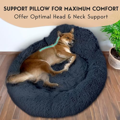 petjett calming dog bed medium size donut bed anti-slip washable plush round bed dark grey 30 inches