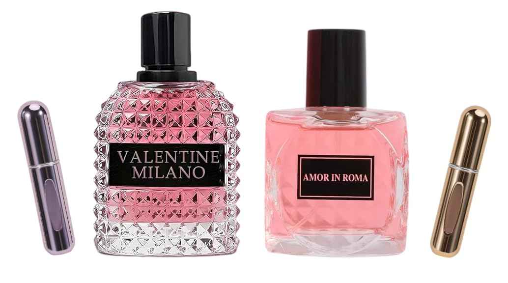 Valentine Milano Couple Set Perfume Gift Set for Women/Men EDP – (100ml x2) Amber Floral & Oriental Scents, Cologne with a Modern Twist Elegant, Plus 2 Refillable 5ml Travel Spray Bottles.