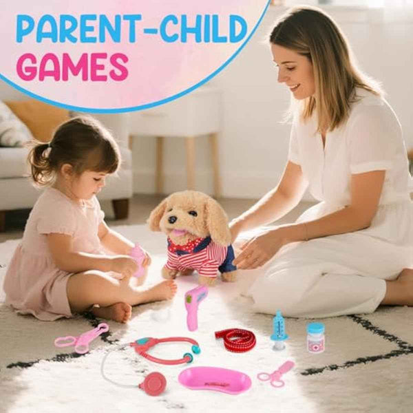 Toddler Toy 10 Pcs Interactive Retriever Robot Dog Toy - Walking & Stuffed Puppy with Stethoscope for Vet Role Play, Educational Toddler Gifts for 3 Year Old Girl