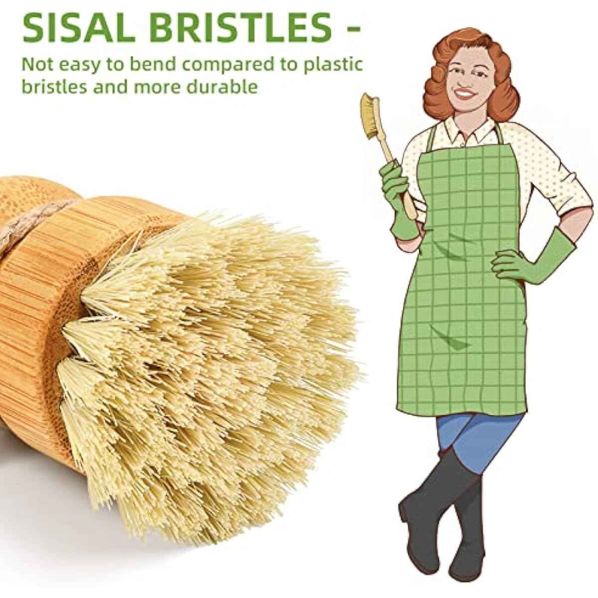 SUBEKYU Bamboo Dish Scrub Brush with Sisal Bristles for Natural Kitchen Cleaning