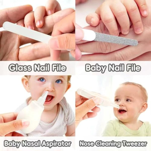 Baby Grooming Kit for Newborn Girls and Boys, Infant Safety Care Set with Hair Brush, Comb, Nail Clipper, Nasal Aspirator, Grey and White