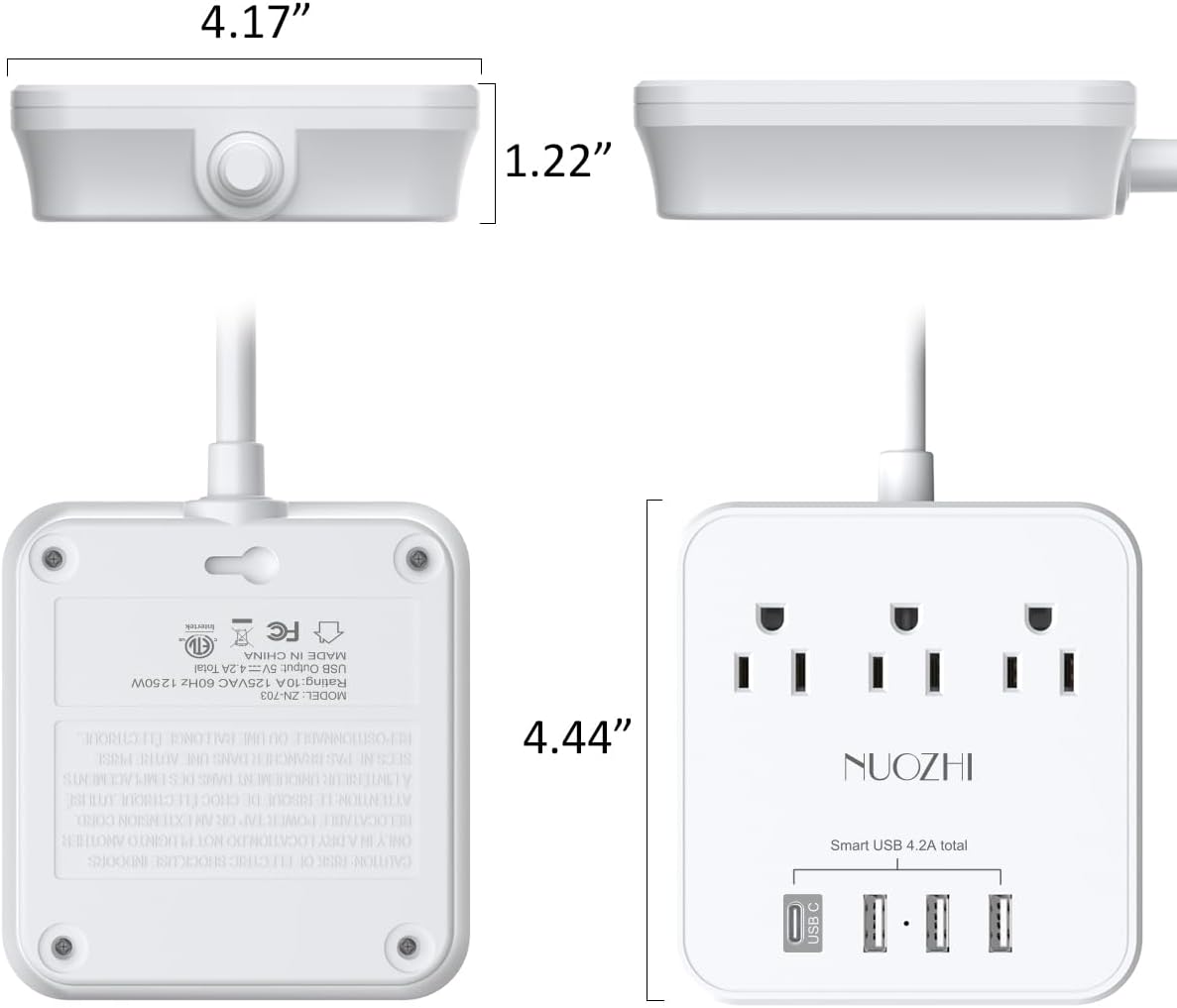 NUOZHI 6Ft Power Strip – Cruise Essentials Non-Surge Protector with 3 Outlets & 4 USB Ports (1 USB-C), ETL Listed Travel Charging Station