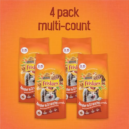 Purina Friskies tender and crunchy cat kibble in flavors of chicken and beef for adult cats - 3.15 lb bags (pack of 4)