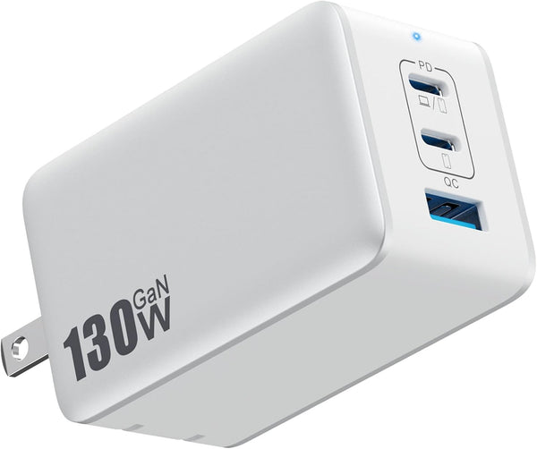 128W USB C Wall Charger,GaN III 3-Port Fast Charging Station,PD QC Foldable Charger Block Portable 65W Laptop Adapter for MacBook Pro/Air,iPad Pro,Galaxy S23,Dell XPS 13,iPhone 17/16/Pro etc