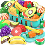 Kids pretend play cutting food toys with storage basket and knives, educational gift for toddlers
